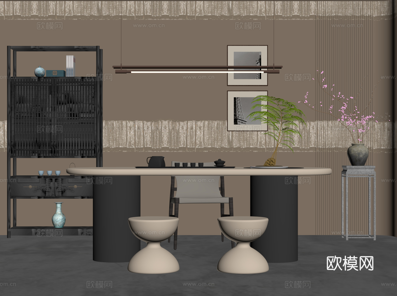 新中式茶桌椅 博古架su模型