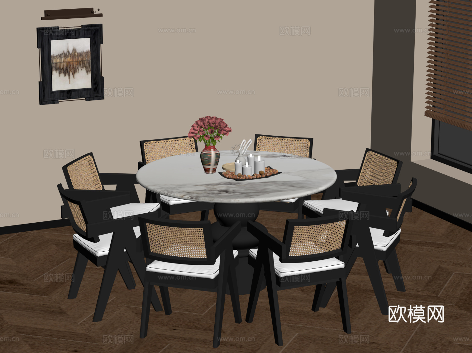 法式复古风餐桌椅 圆形餐桌椅su模型