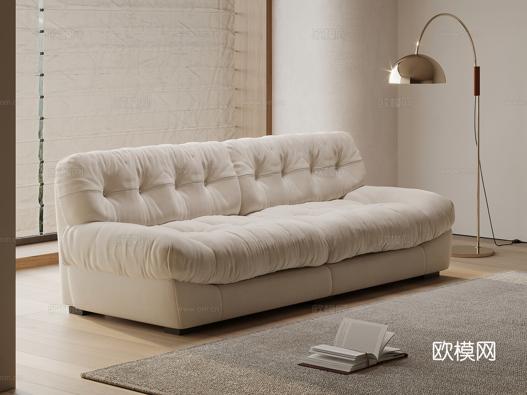 现代奶油风多人沙发 直排沙发su模型