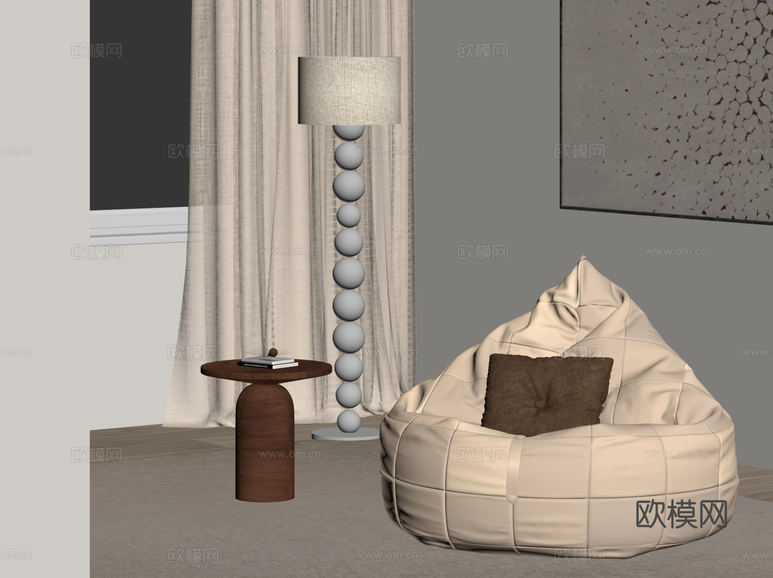 中古风休闲沙发 懒人沙发 边几 落地灯su模型