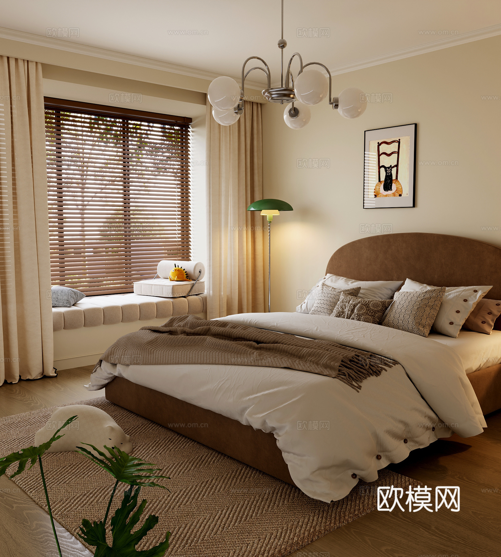 现代奶油风双人床su模型