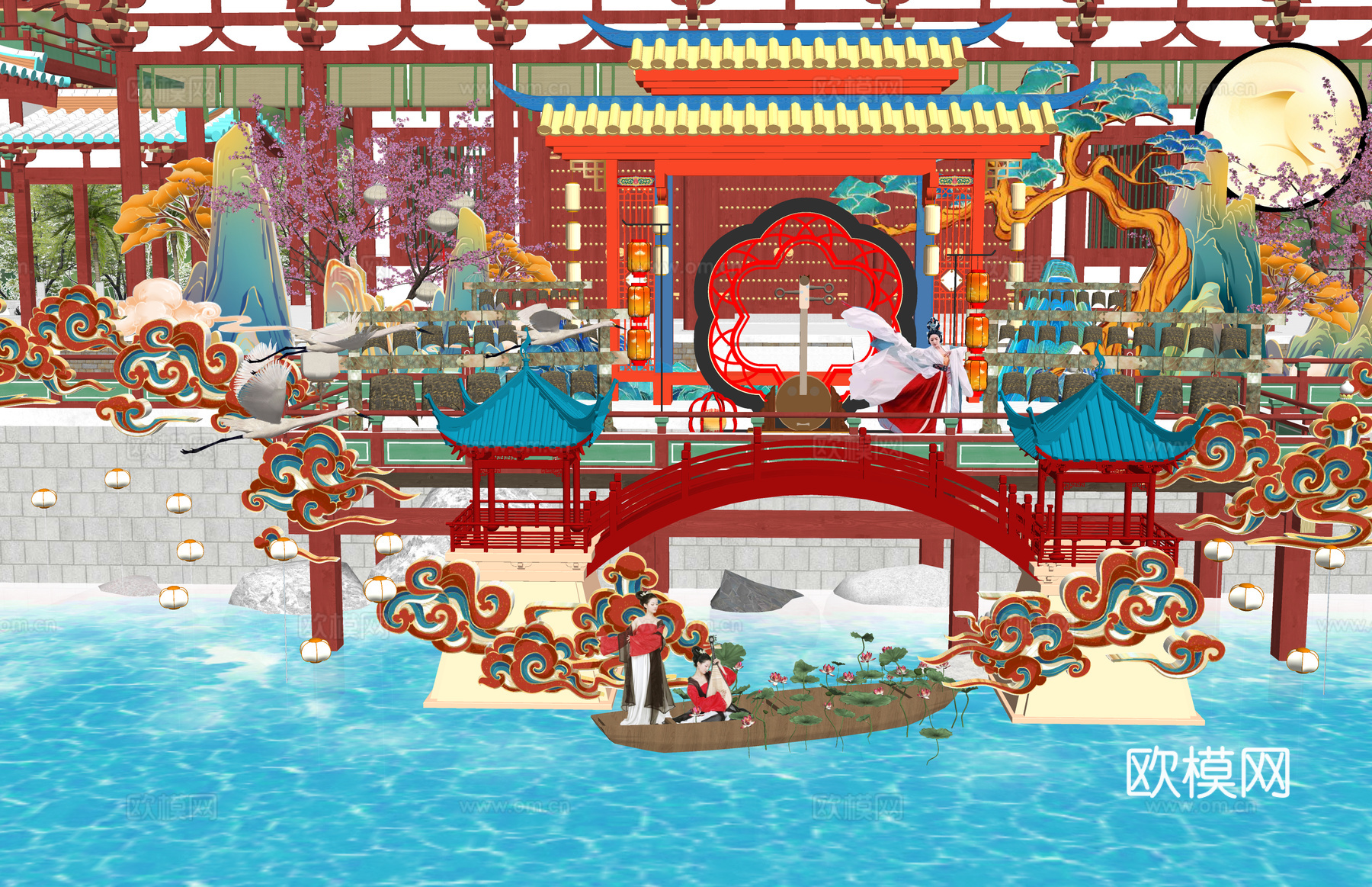 长廊 中式 博物馆 展厅 大唐 壁画 艺术 古风 工装 模型su模型