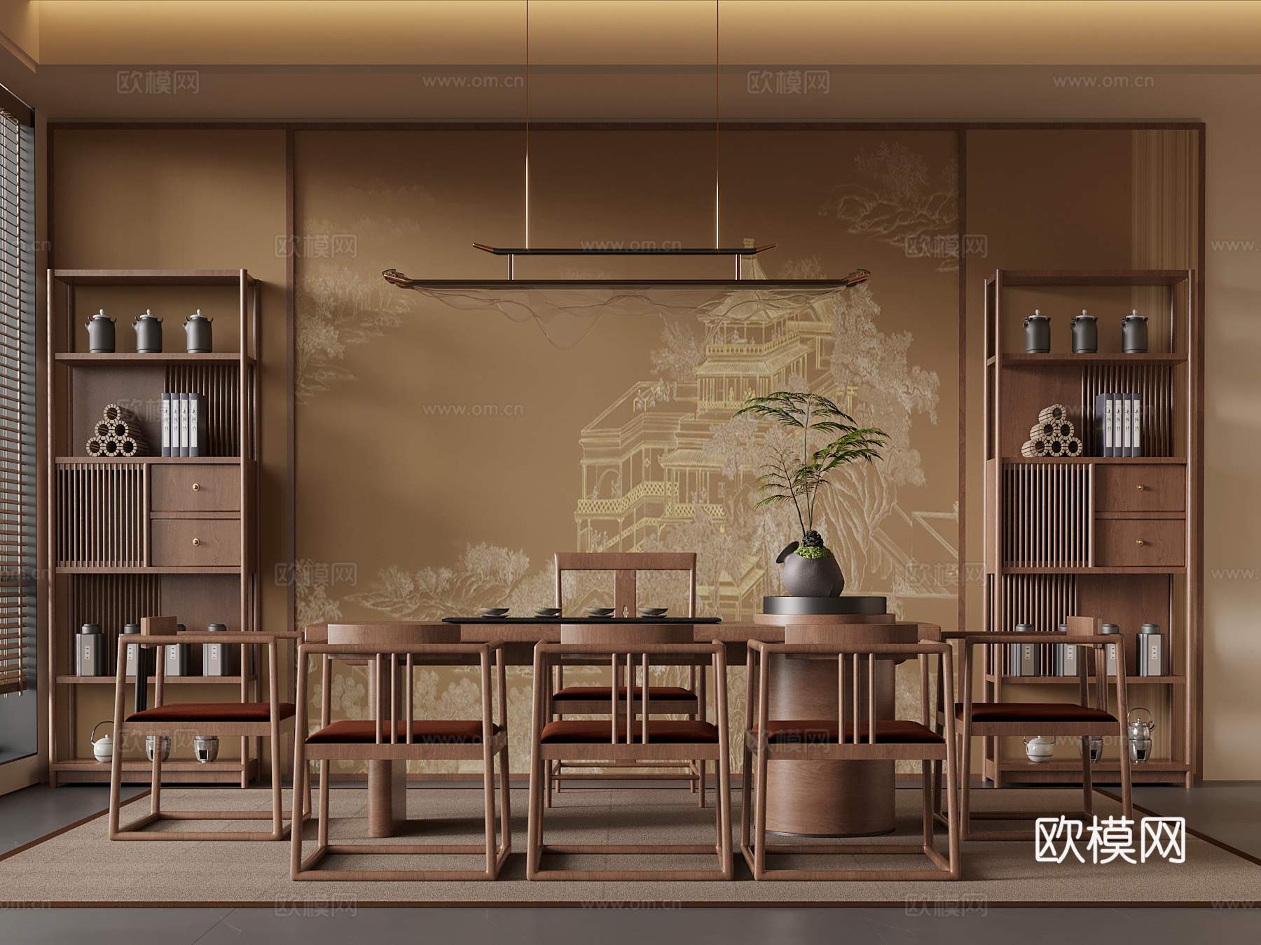 新中式茶桌椅 博古架su模型