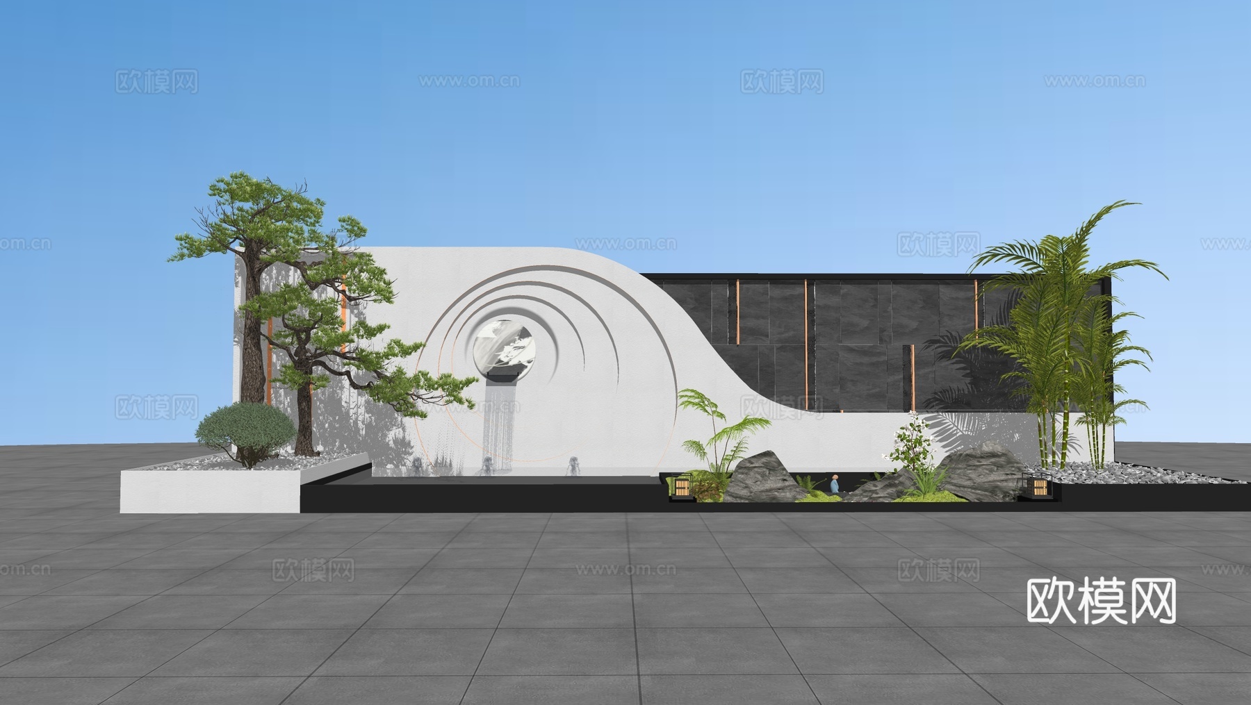 现代叠水景墙 直线 入口景墙su模型