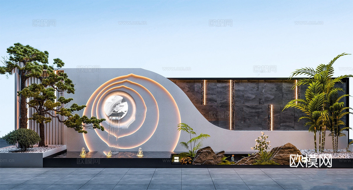 现代叠水景墙 直线 入口景墙su模型