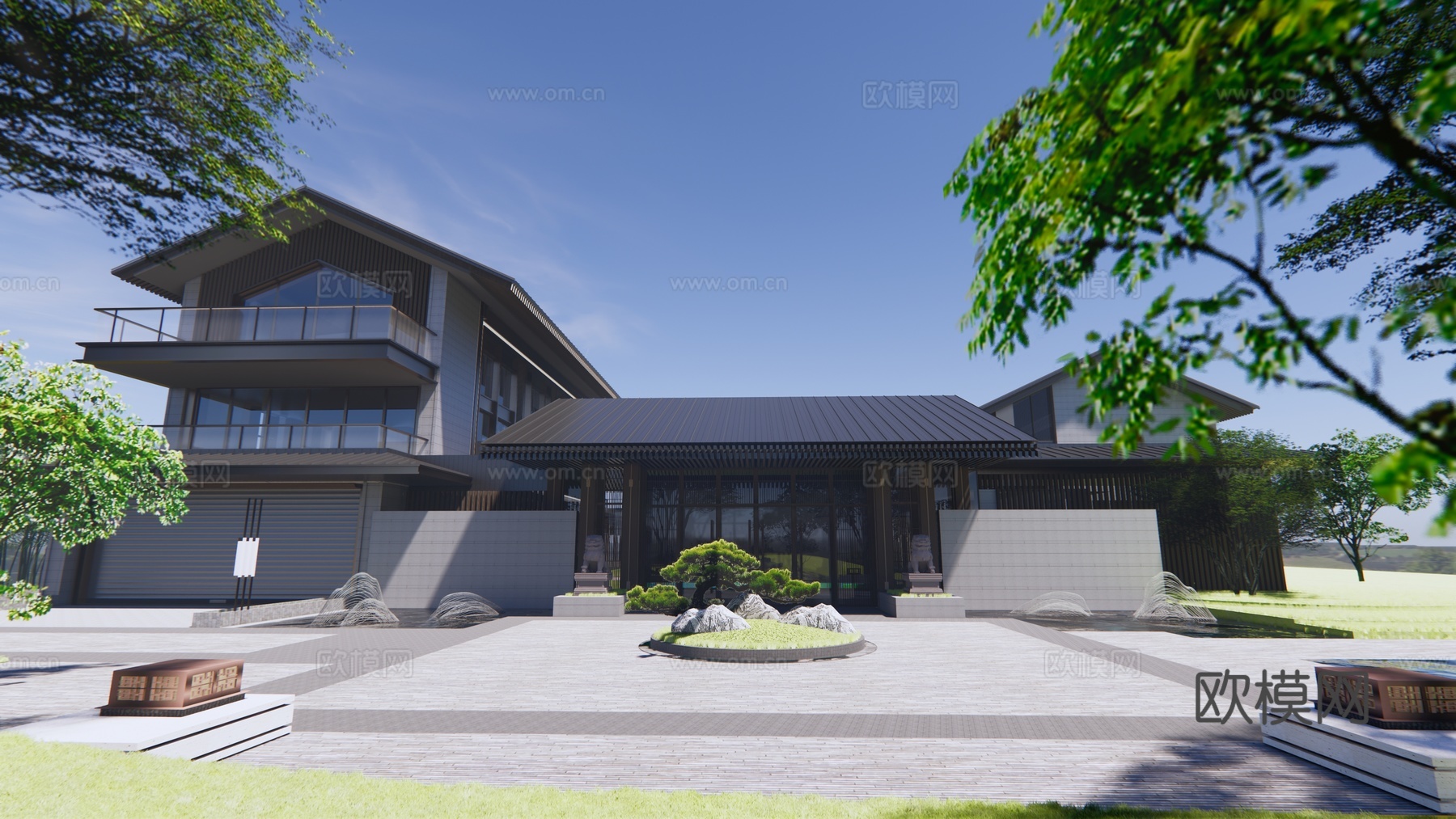 新中式民宿酒店 茶室餐厅 斜顶su模型