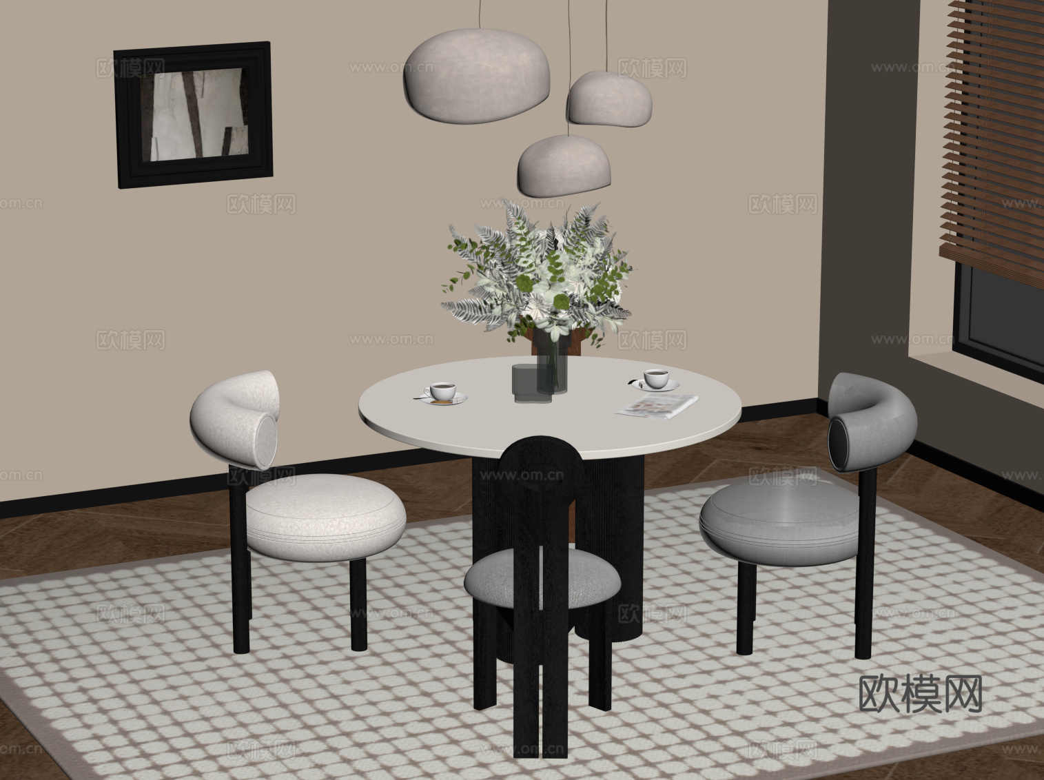 法式复古风餐桌椅 圆形餐桌 吊灯su模型