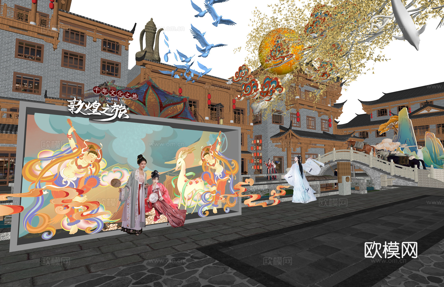 长廊 中式 博物馆 展厅 大唐 壁画 艺术 古风 工装 模型su模型