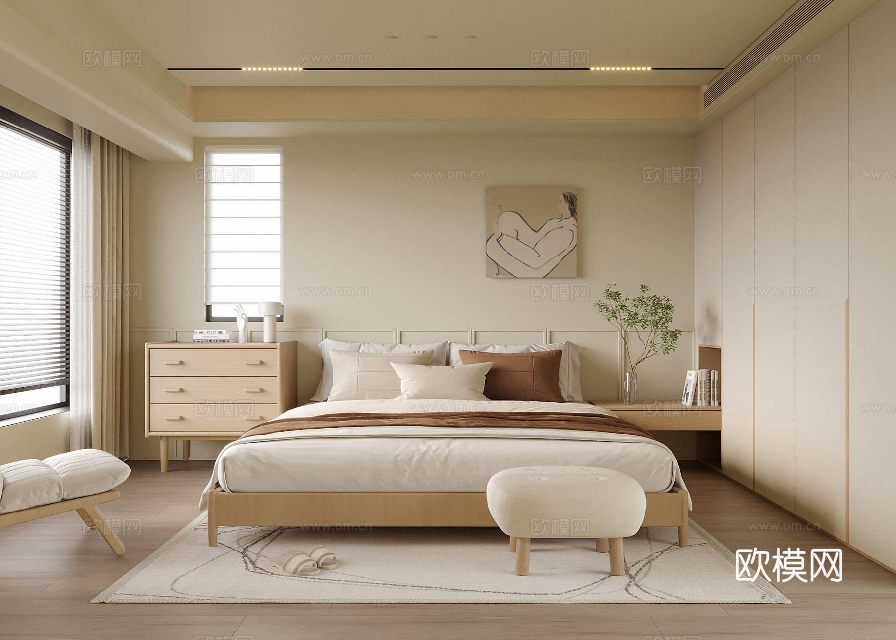 现代卧室 双人床 床头柜su模型