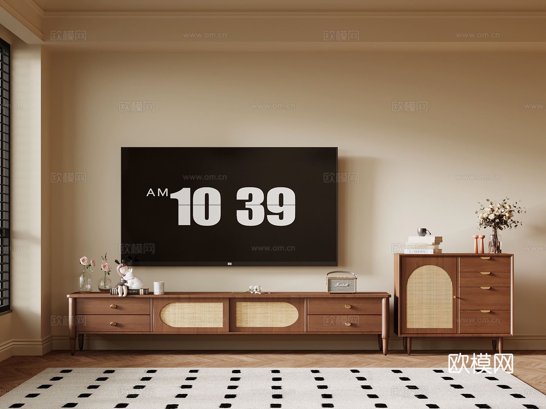 中古风电视背景墙 电视柜 边柜su模型