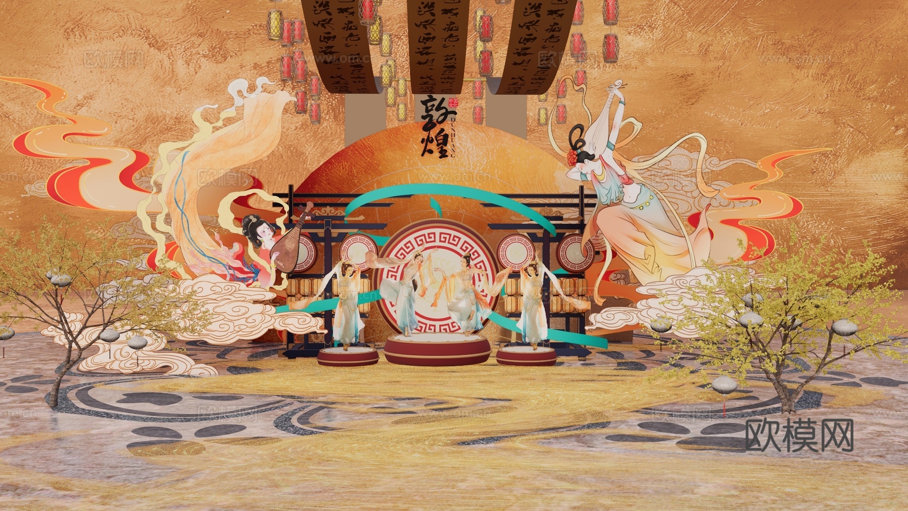 长廊 中式 博物馆 展厅 大唐 壁画 艺术 古风 工装 模型su模型