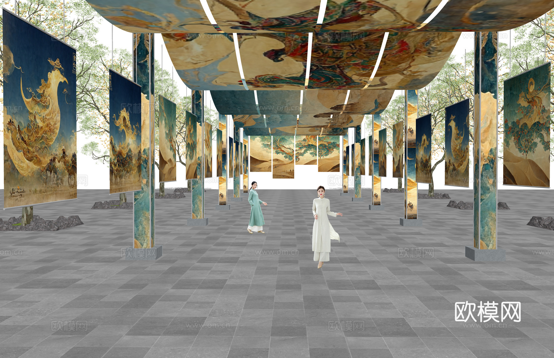长廊 中式 博物馆 展厅 大唐 壁画 艺术 古风 工装 模型su模型