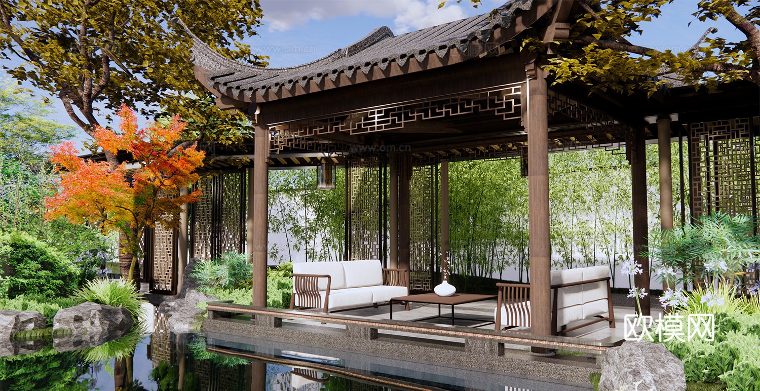 中式仿古长廊 廊架 连廊 回廊su模型