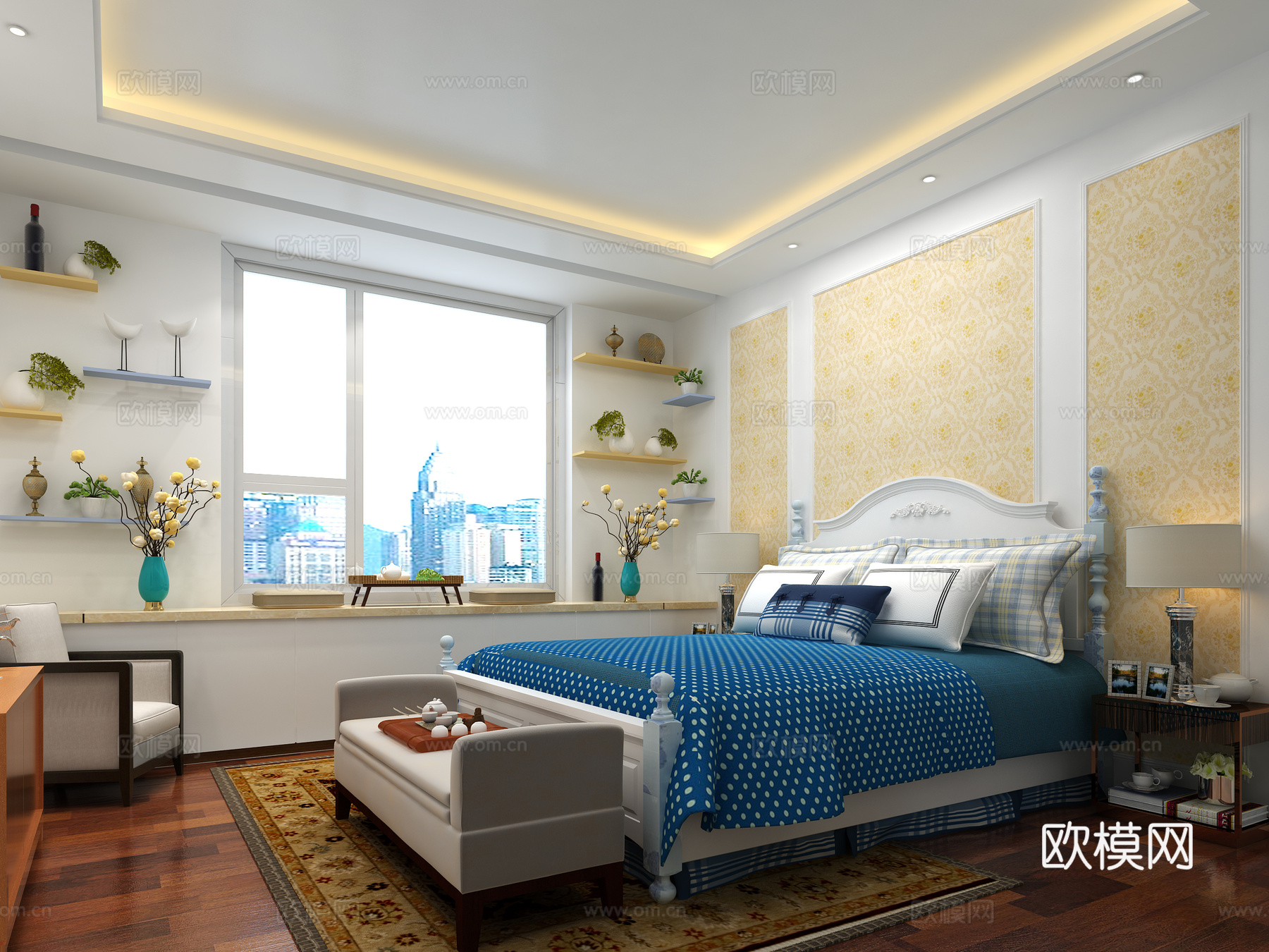 欧式简约主卧 置物架 双人床 书桌椅 床尾凳3d模型下载（渲染图2）