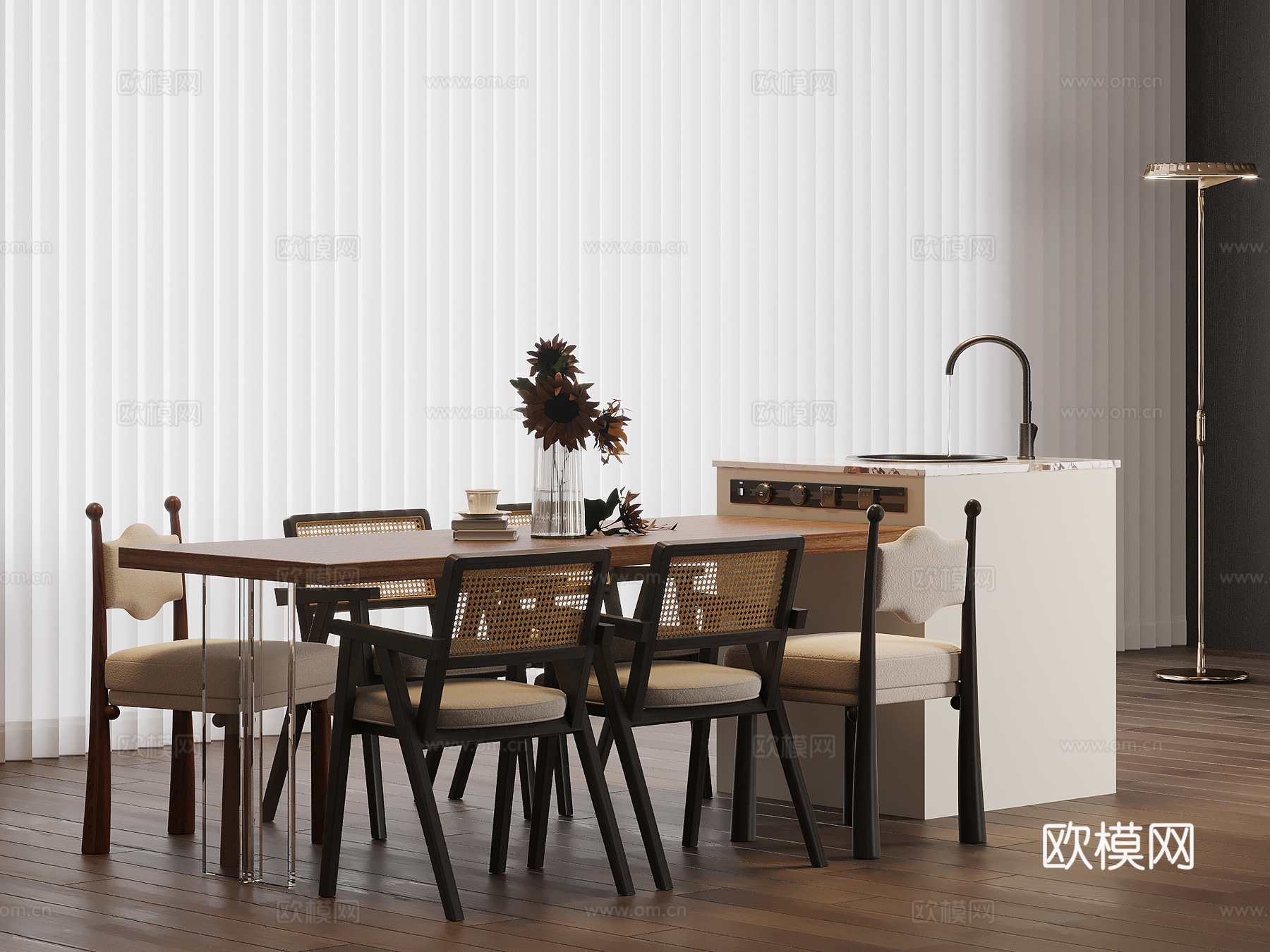 法式复古风岛台 餐桌椅3d模型下载