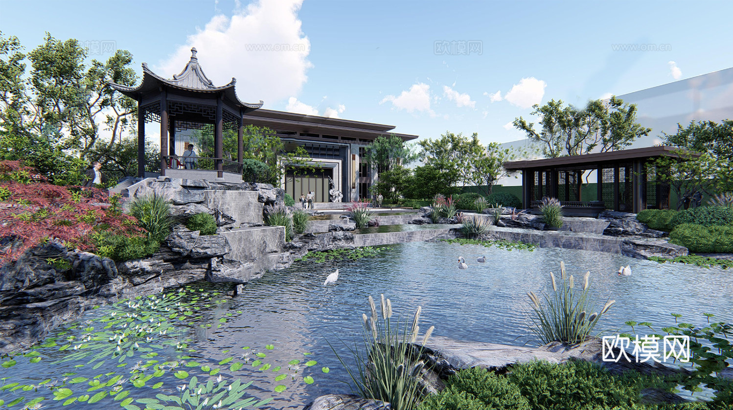 新中式园艺小品 假山亭台su模型
