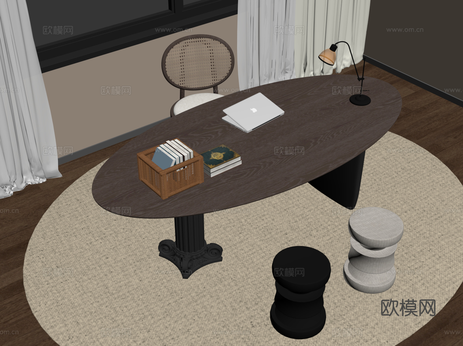 法式复古风书桌椅 办公桌椅su模型