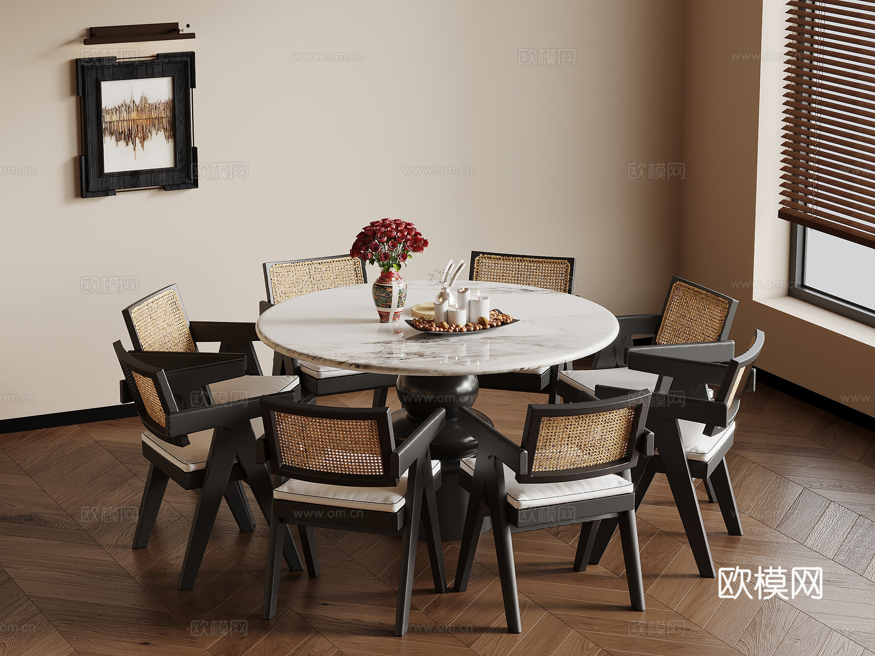 法式复古风餐桌椅 圆形餐桌椅su模型