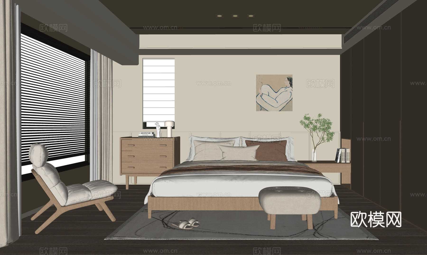 现代卧室 双人床 床头柜su模型