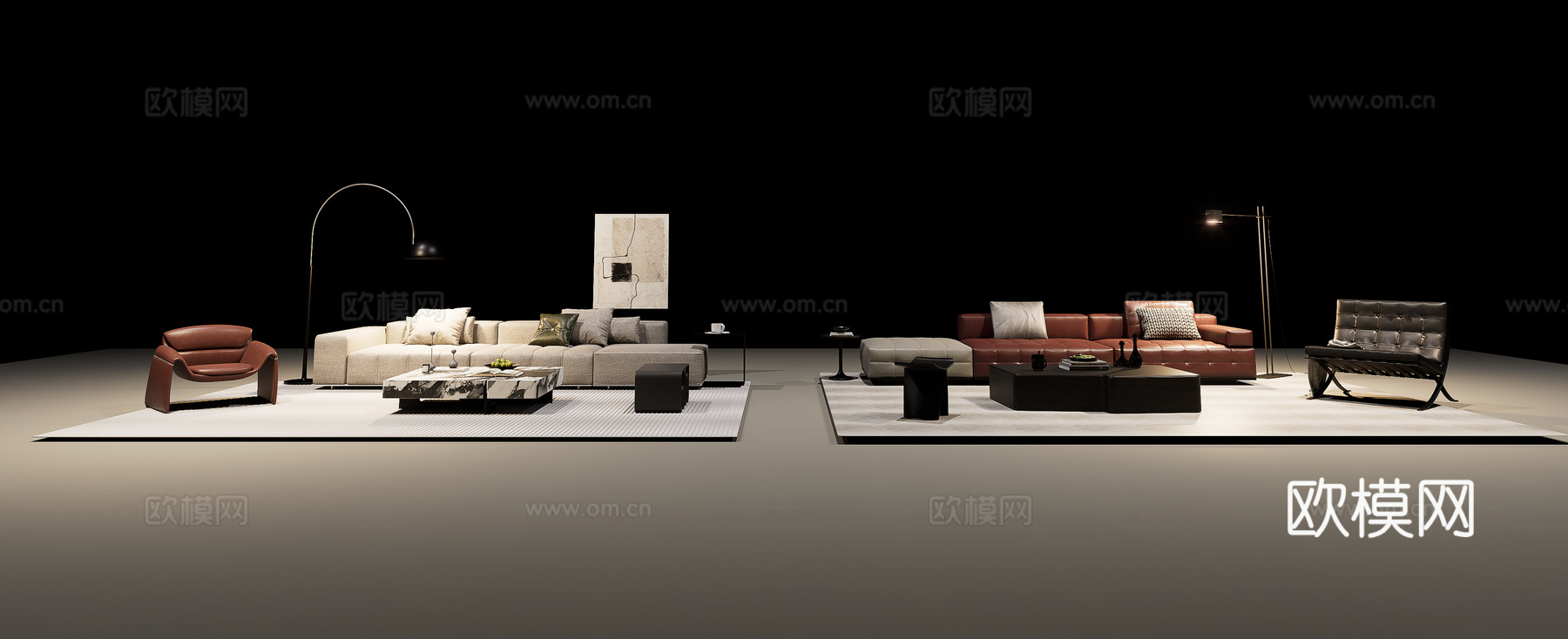 现代简约沙发组合 沙发茶几 休闲椅 凳子 落地灯 挂画su模型