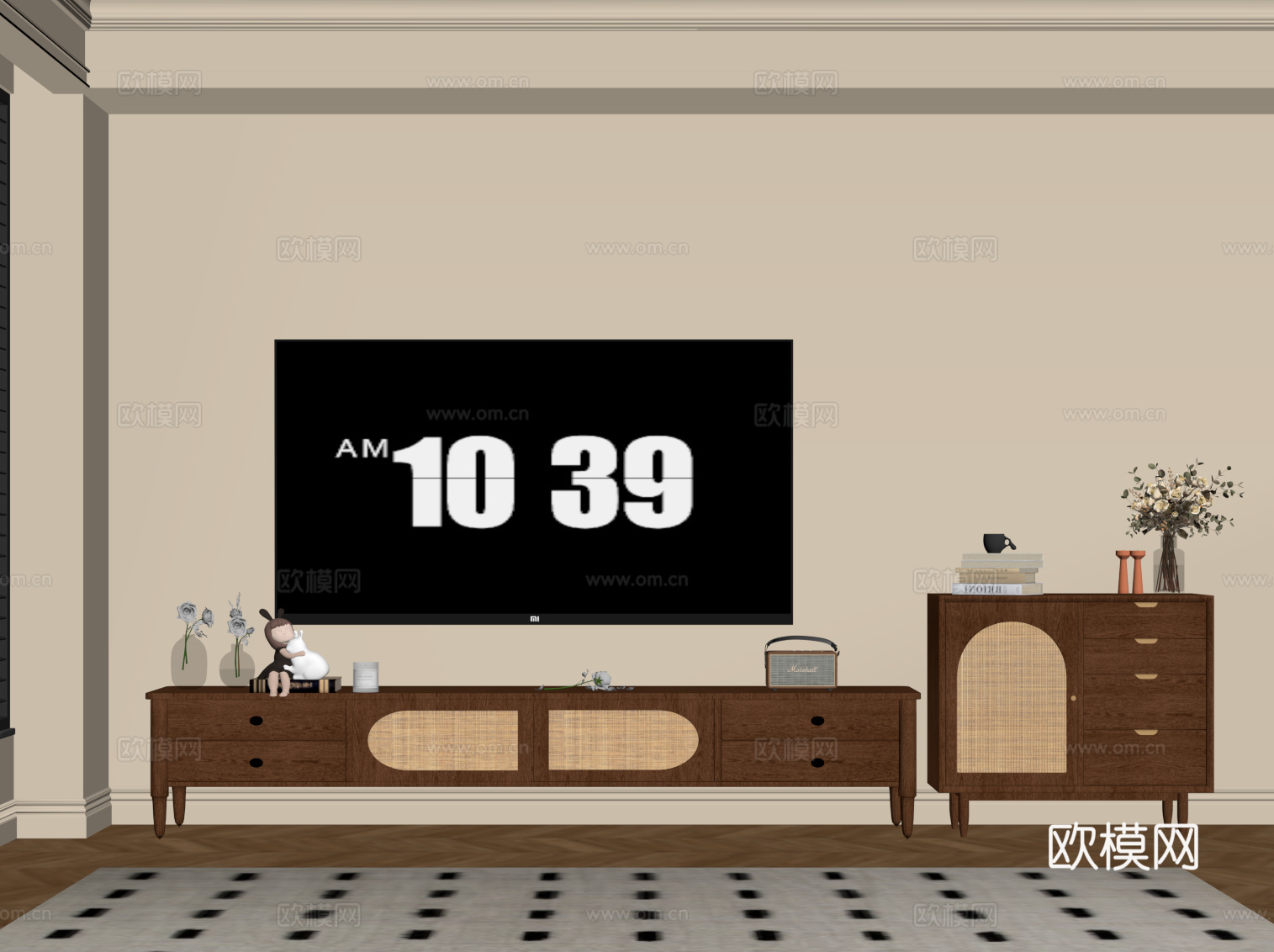 中古风电视背景墙 电视柜 边柜su模型