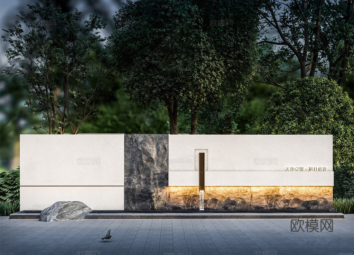 现代入口跌水景墙 直线 入口景墙su模型