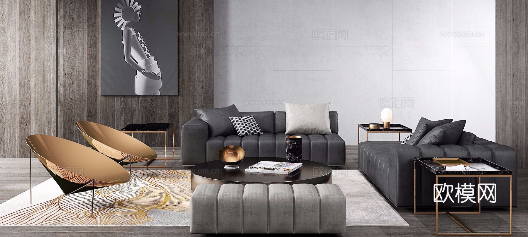 现代大平层客厅  沙发组合 休闲椅  挂画3d模型下载（渲染图1）