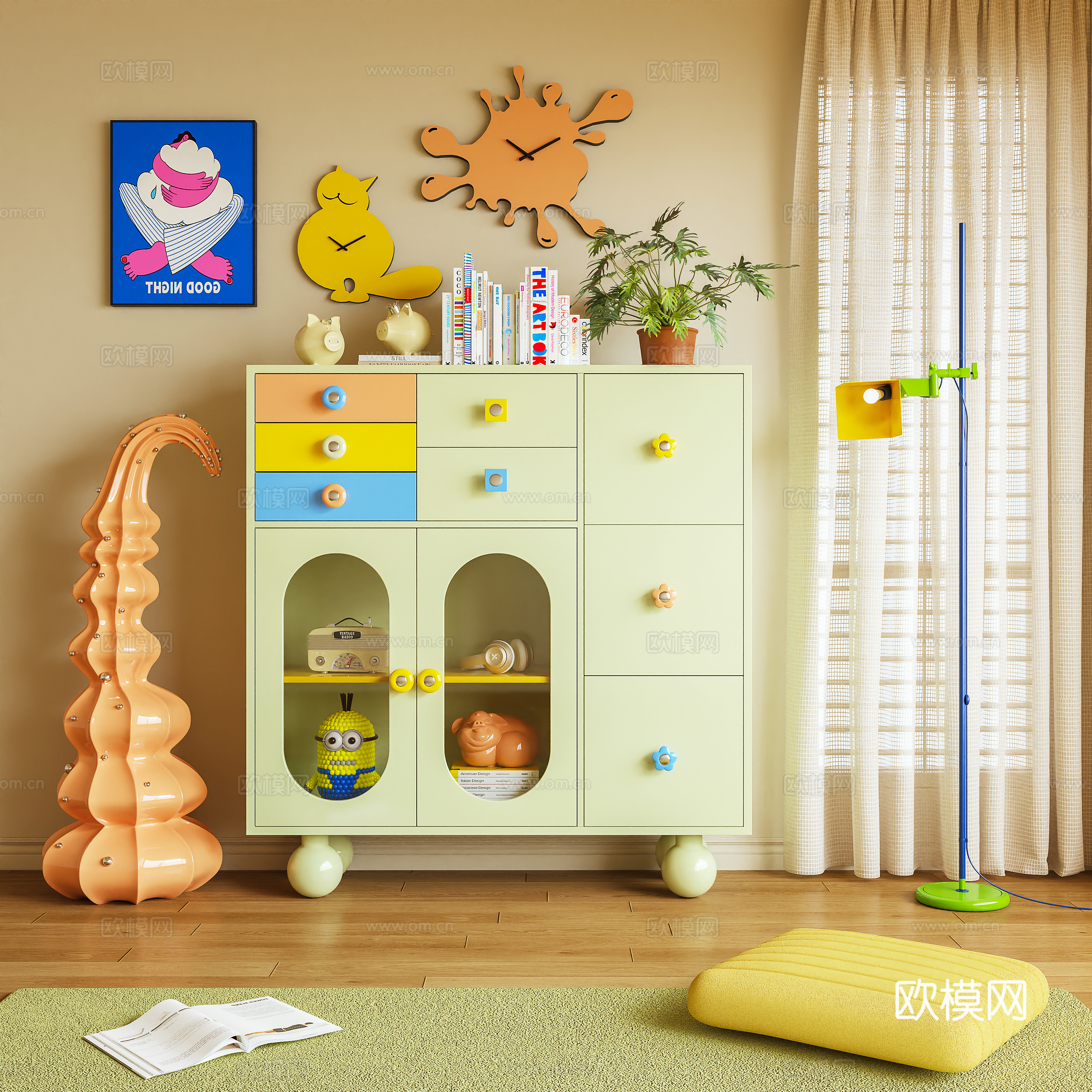 斗柜 玄关柜 储物柜 茶水柜 多巴胺 摆件 装饰画3d模型下载