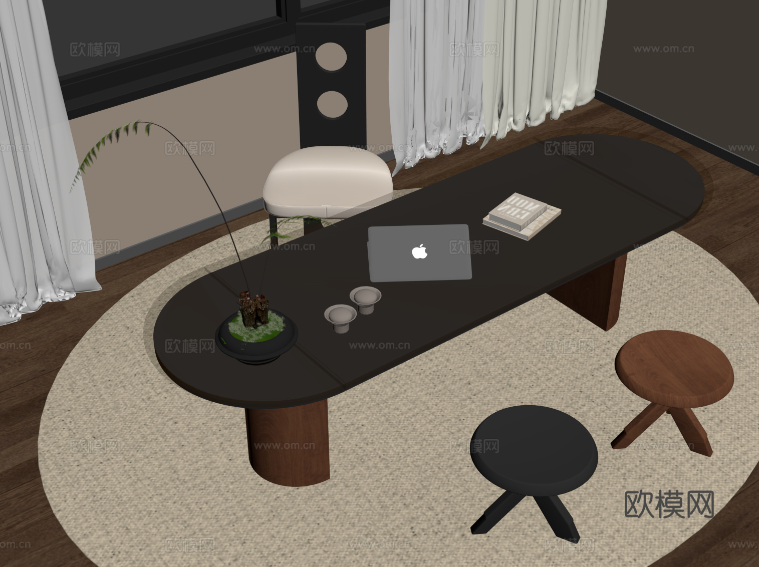 中古风书桌椅 办公桌椅su模型