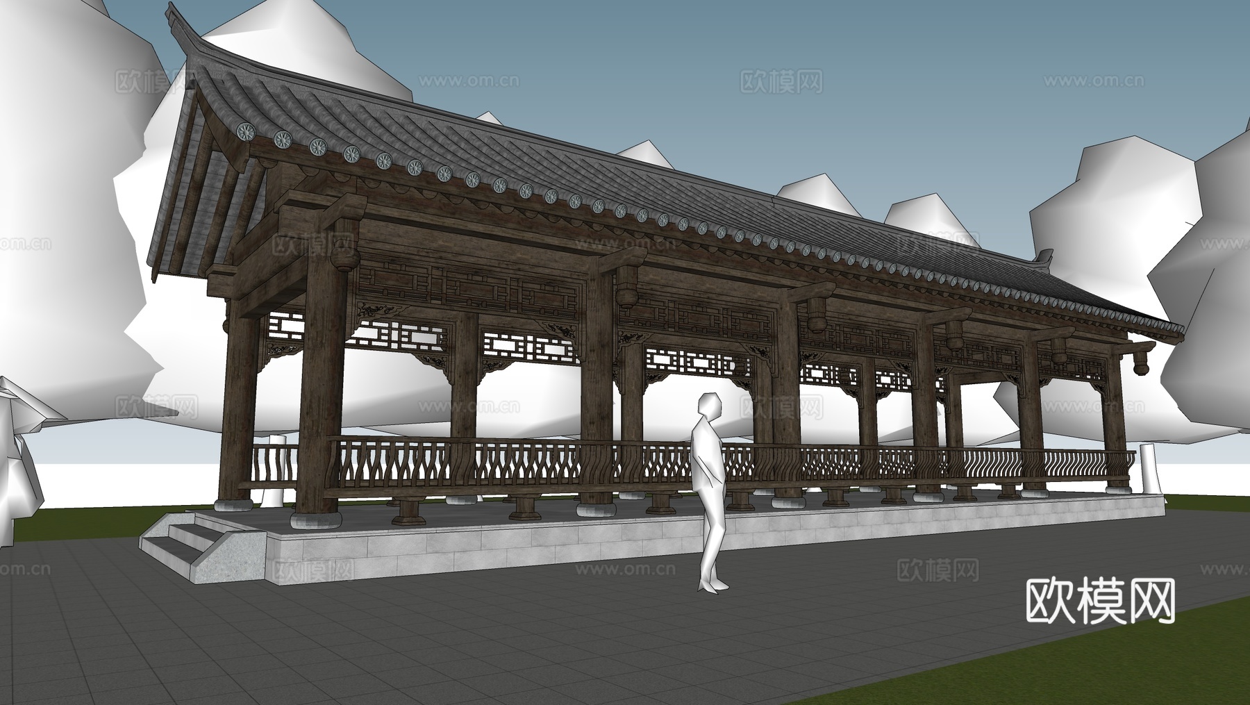 中式廊架 亭 木材 长条形su模型