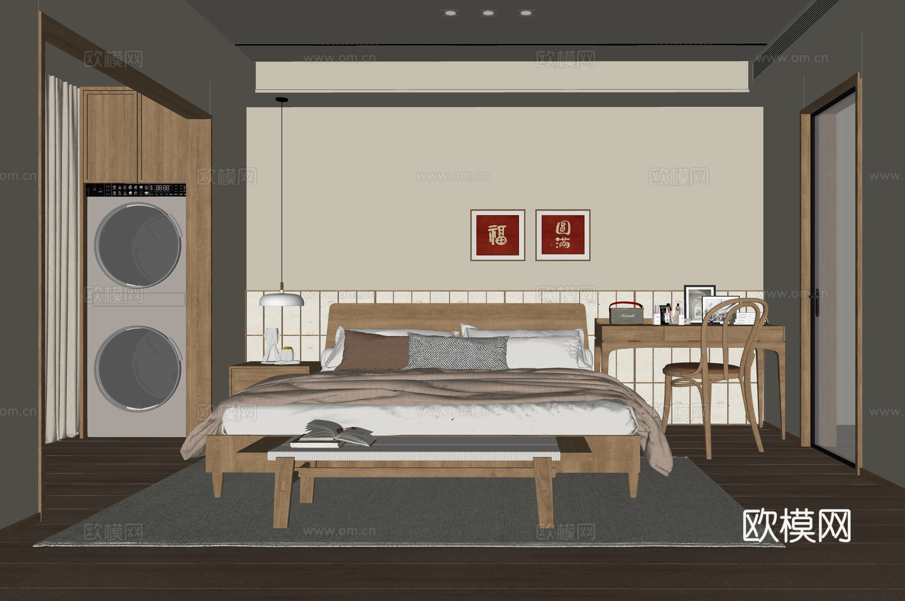 现代卧室 双人床 床尾凳su模型