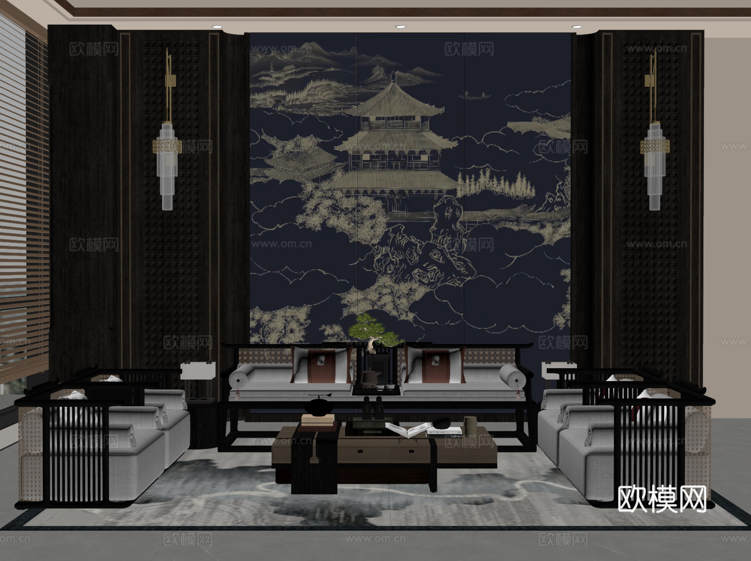 新中式沙发茶几组合su模型下载（渲染图2）