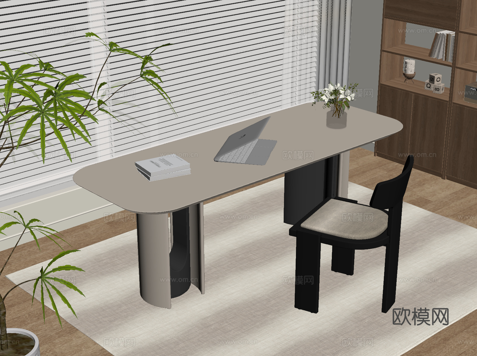 现代奶油风书桌椅 办公桌椅su模型