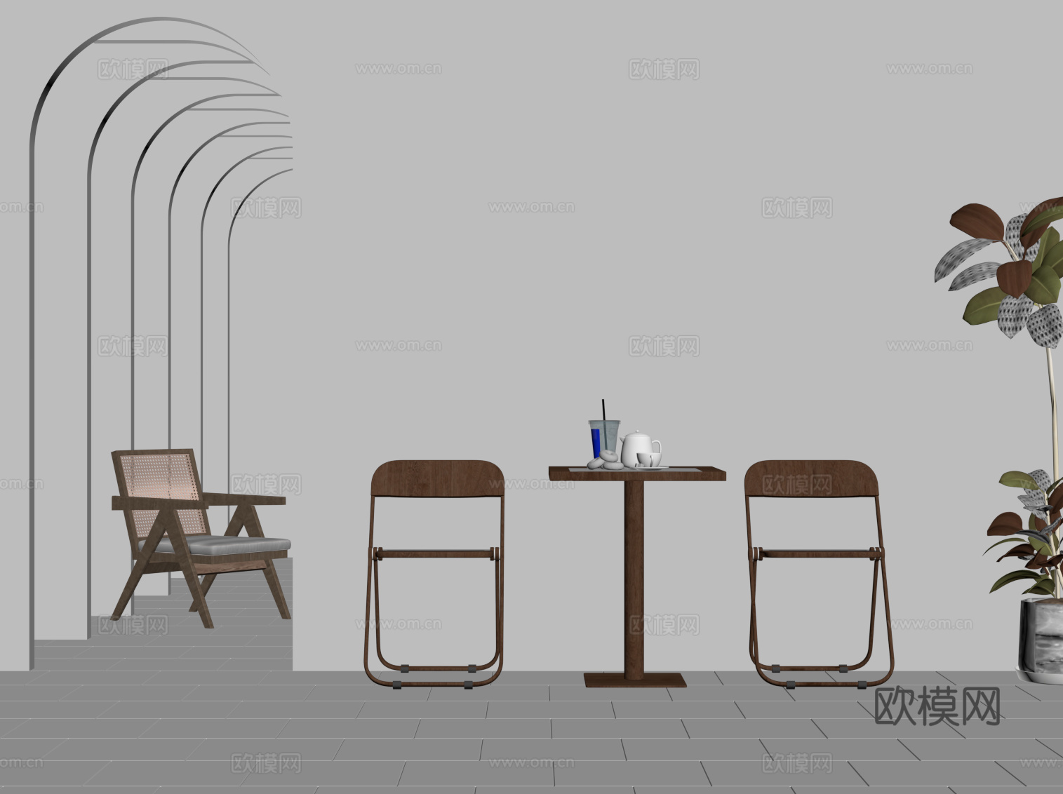 中古风休闲桌椅su模型