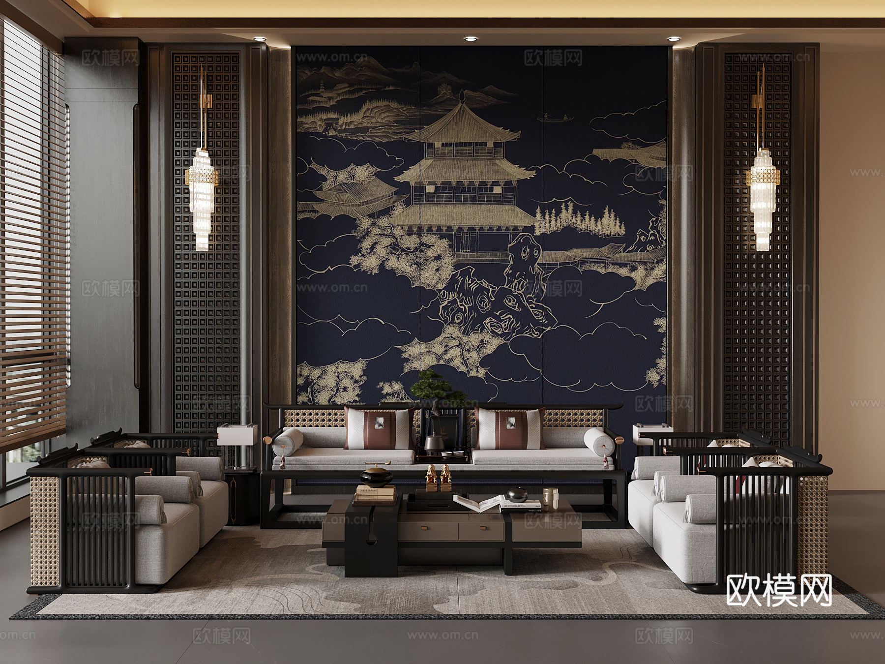 新中式沙发茶几组合su模型下载（渲染图1）