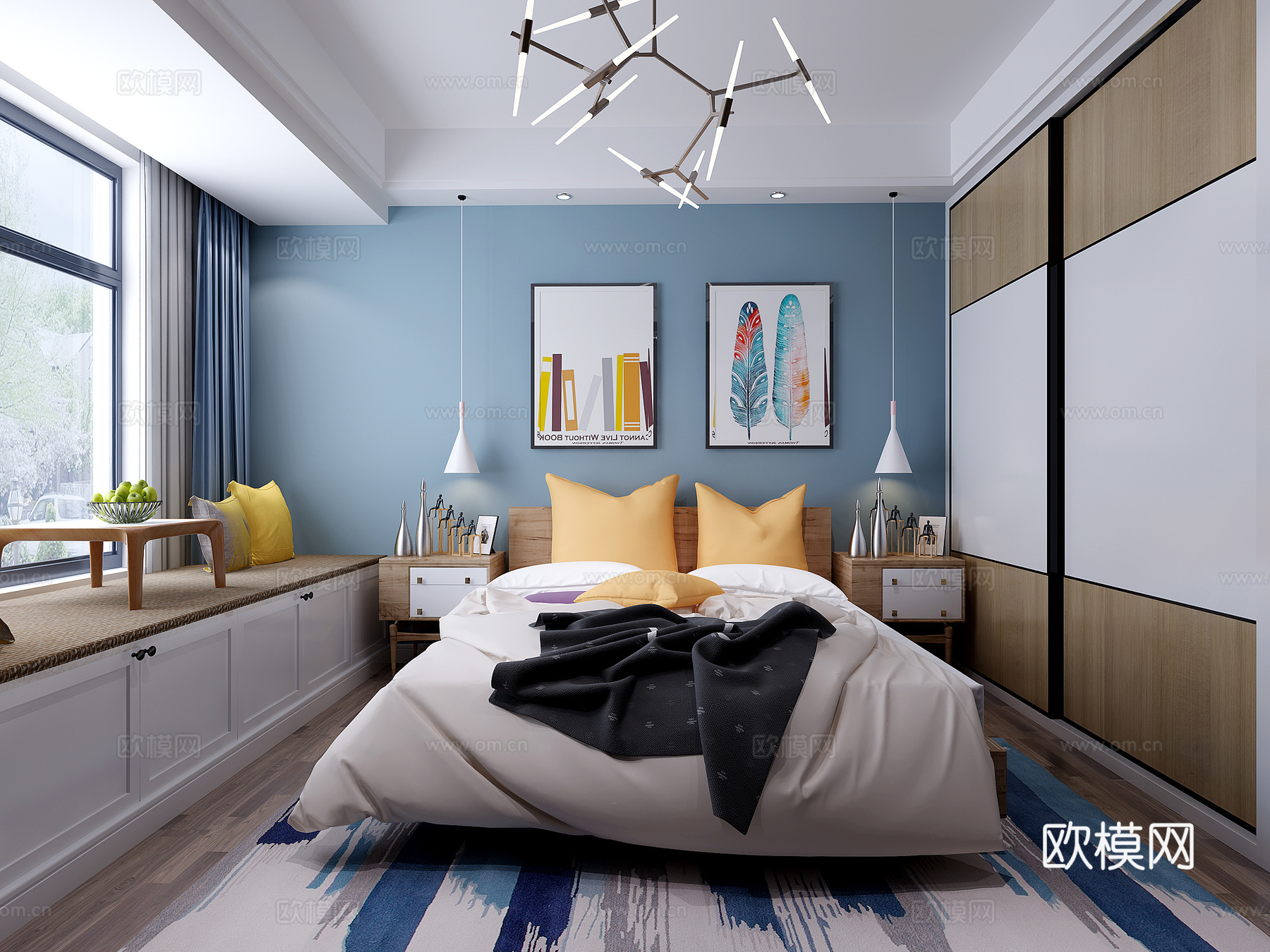 北欧主卧室 挂画 双人床 飘窗 床头柜 吊灯3d模型