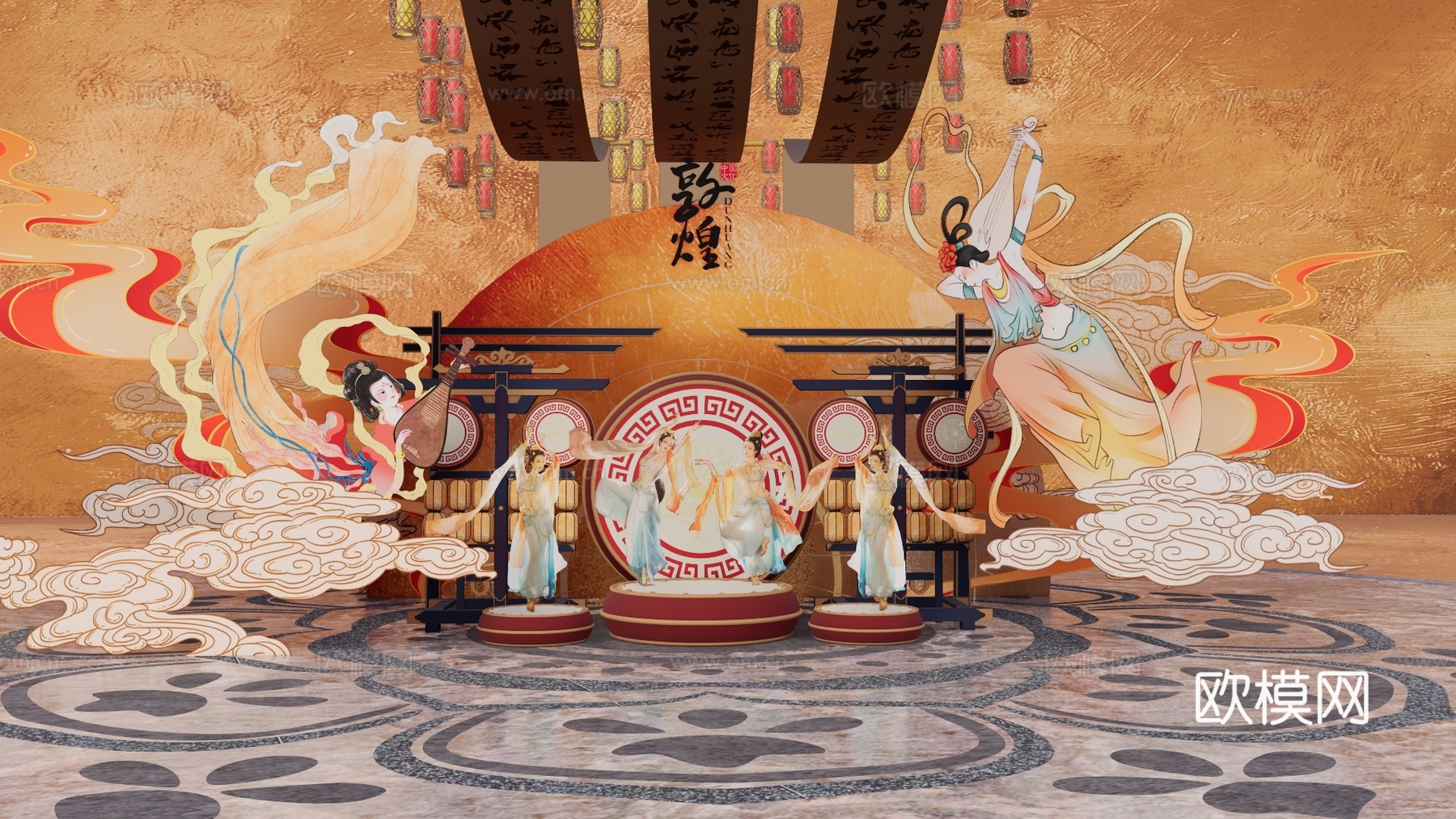 长廊 中式 博物馆 展厅 大唐 壁画 艺术 古风 工装 模型su模型