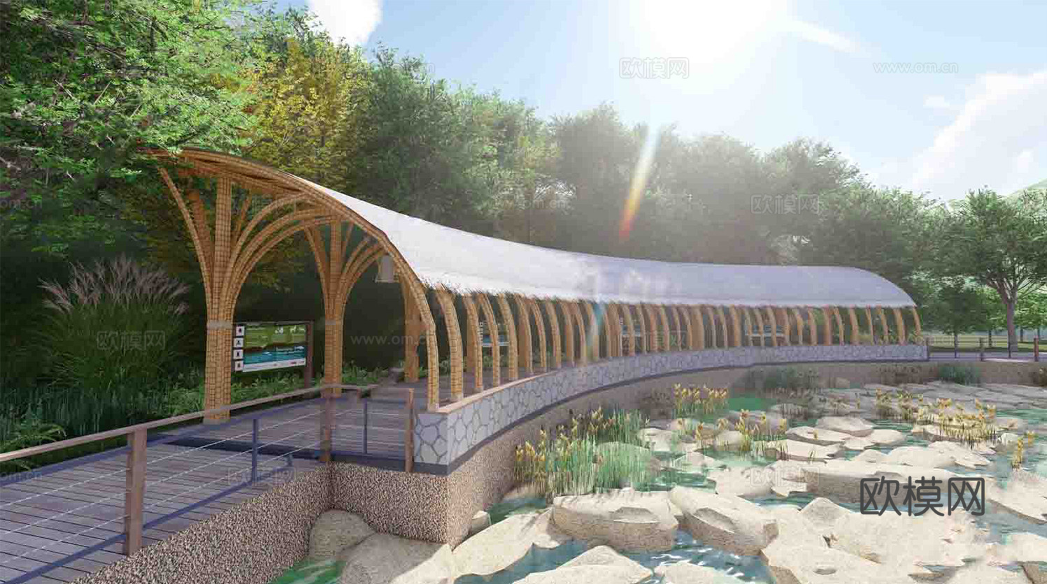 中式生态廊架 廊架 观景长廊su模型