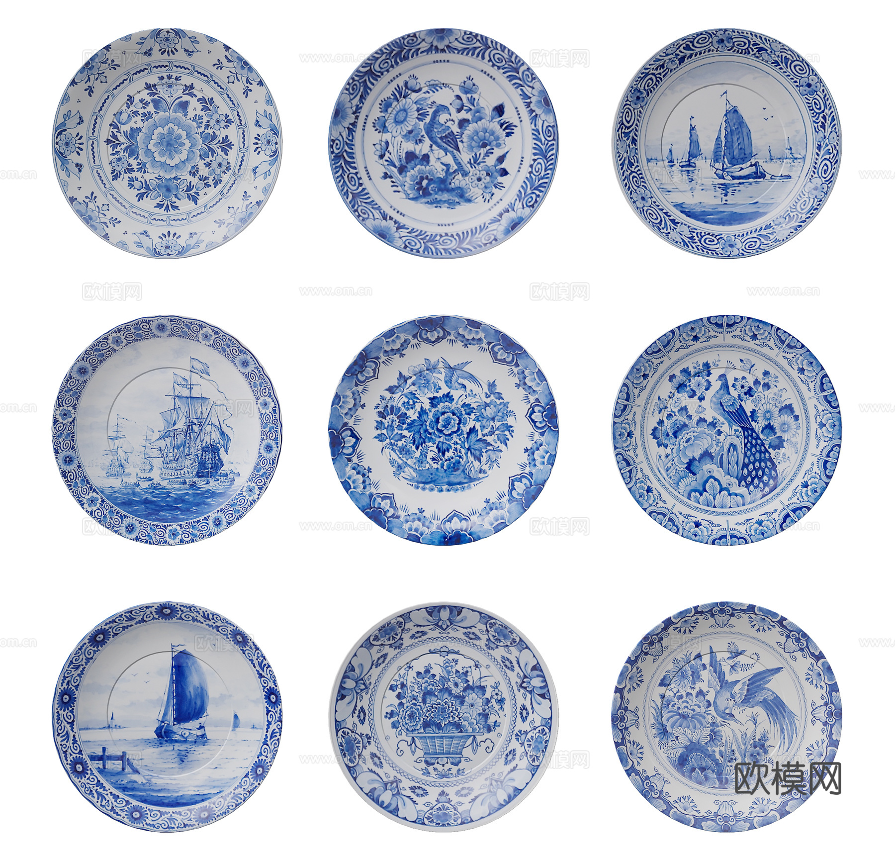 传统中式青花瓷盘子墙饰组合3d模型下载（渲染图2）