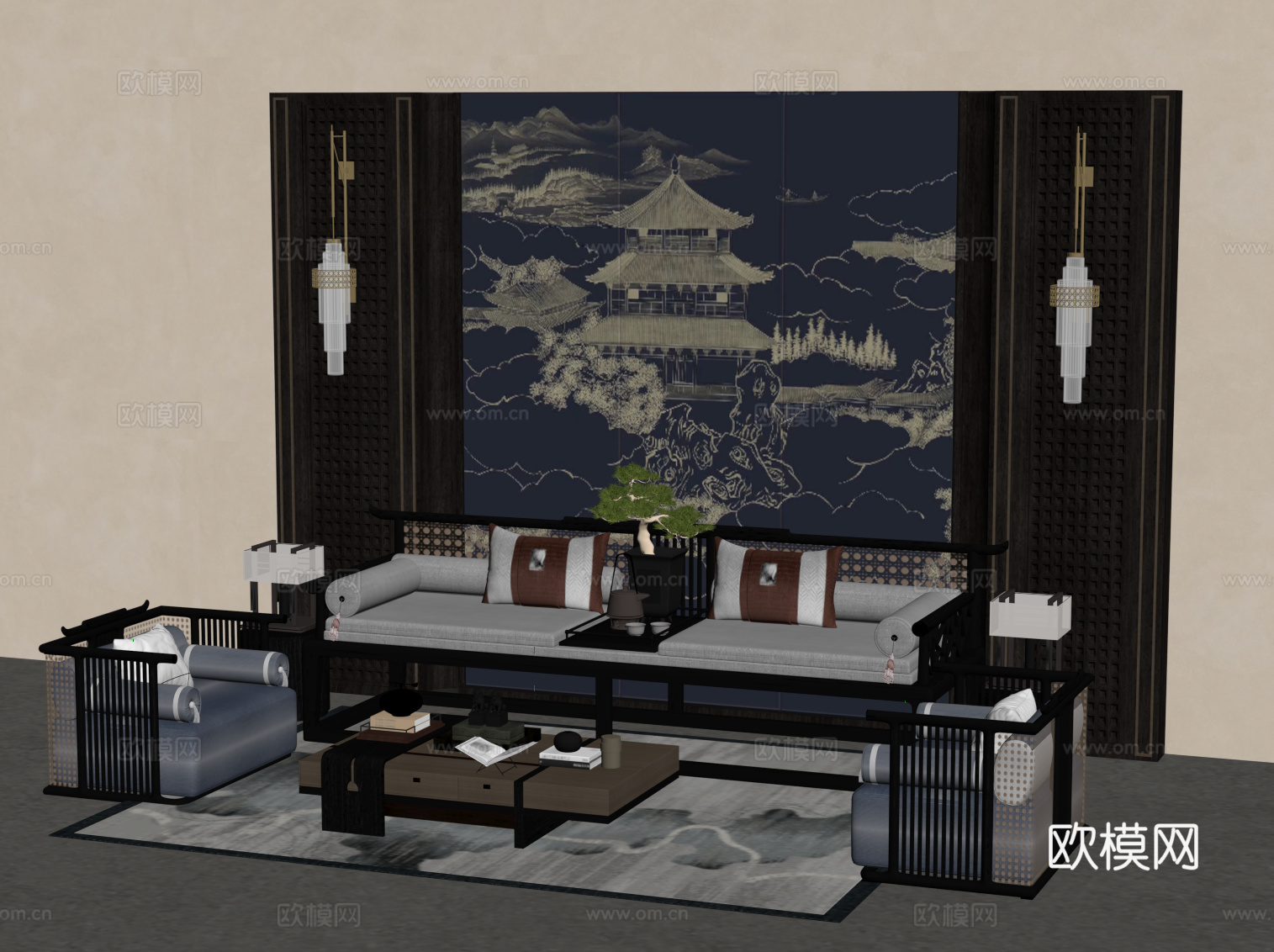 新中式沙发茶几组合su模型下载（渲染图2）