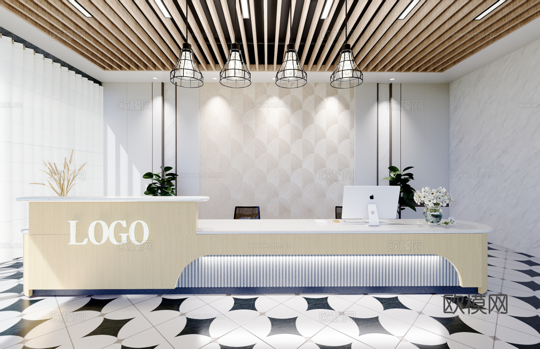 0037现代简约办公室前台接待台su模型