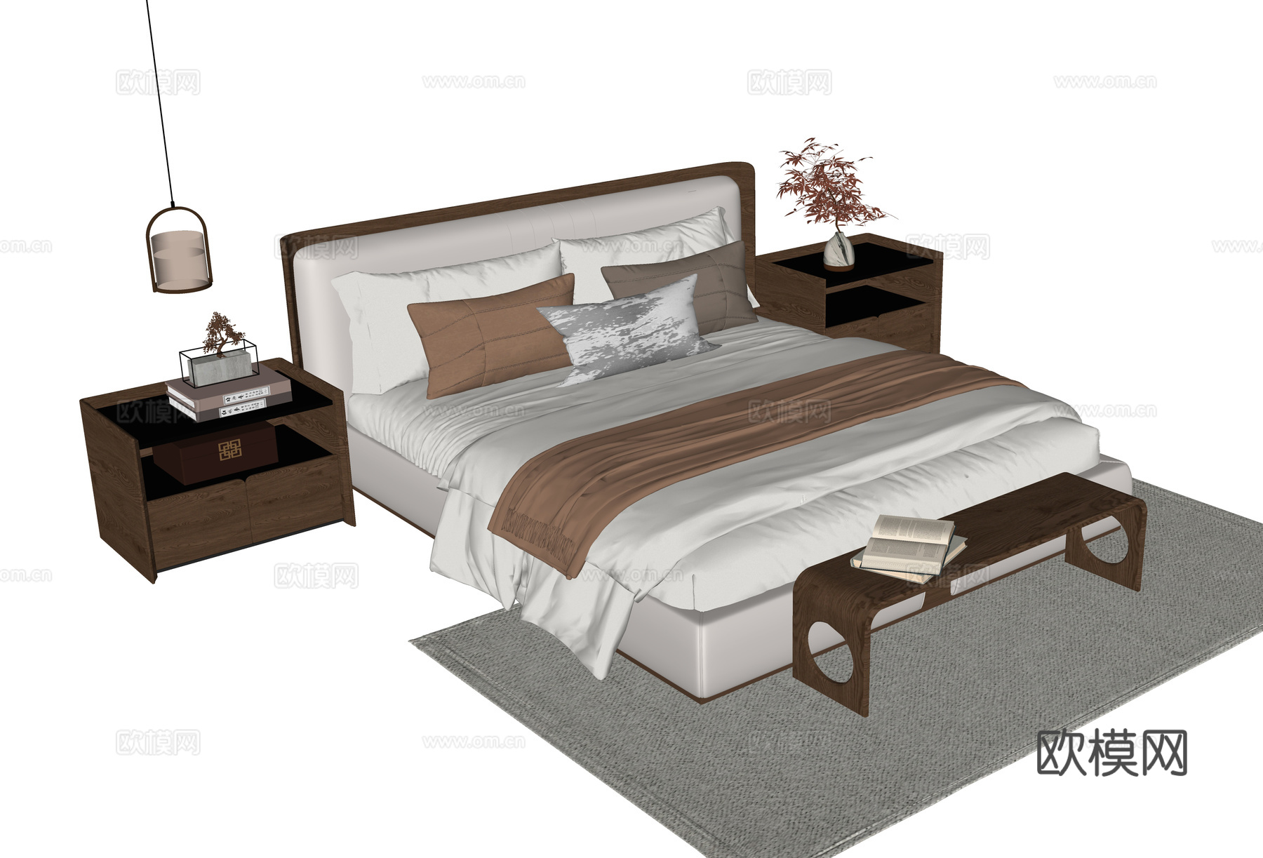 现代双人床 床头柜su模型