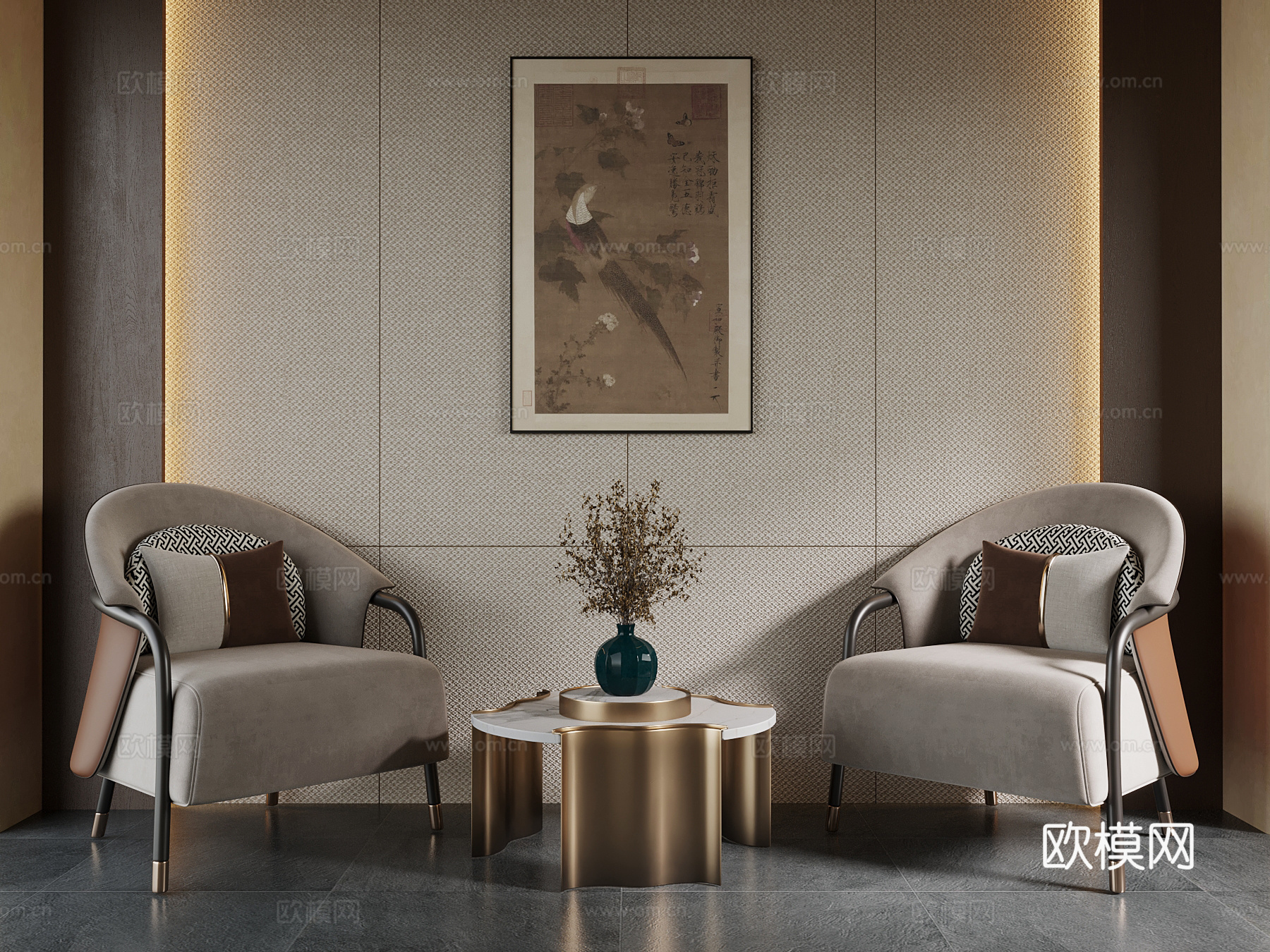 新中式休闲桌椅 茶几su模型