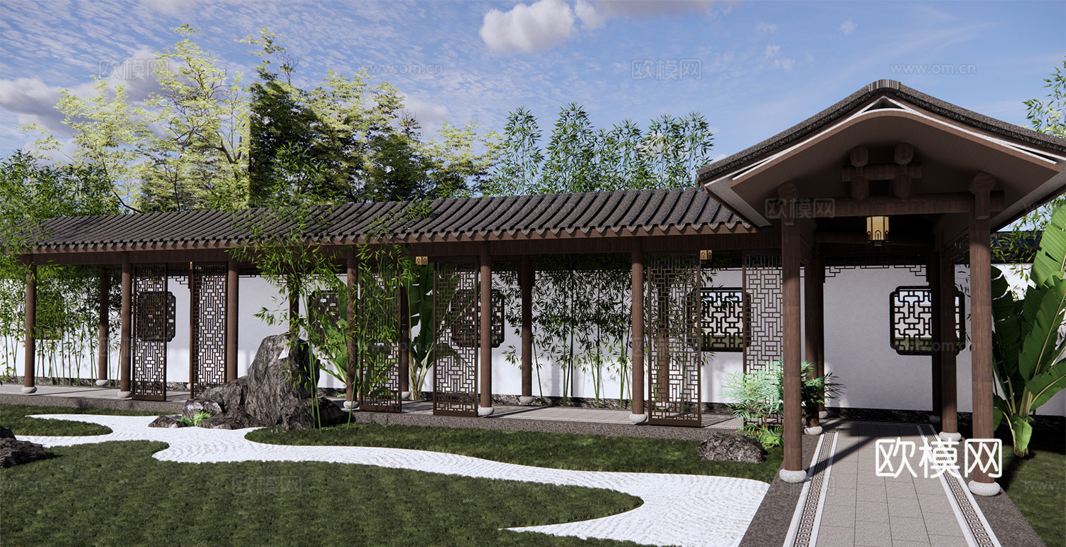 新中式景观廊架 仿古长廊 连廊su模型