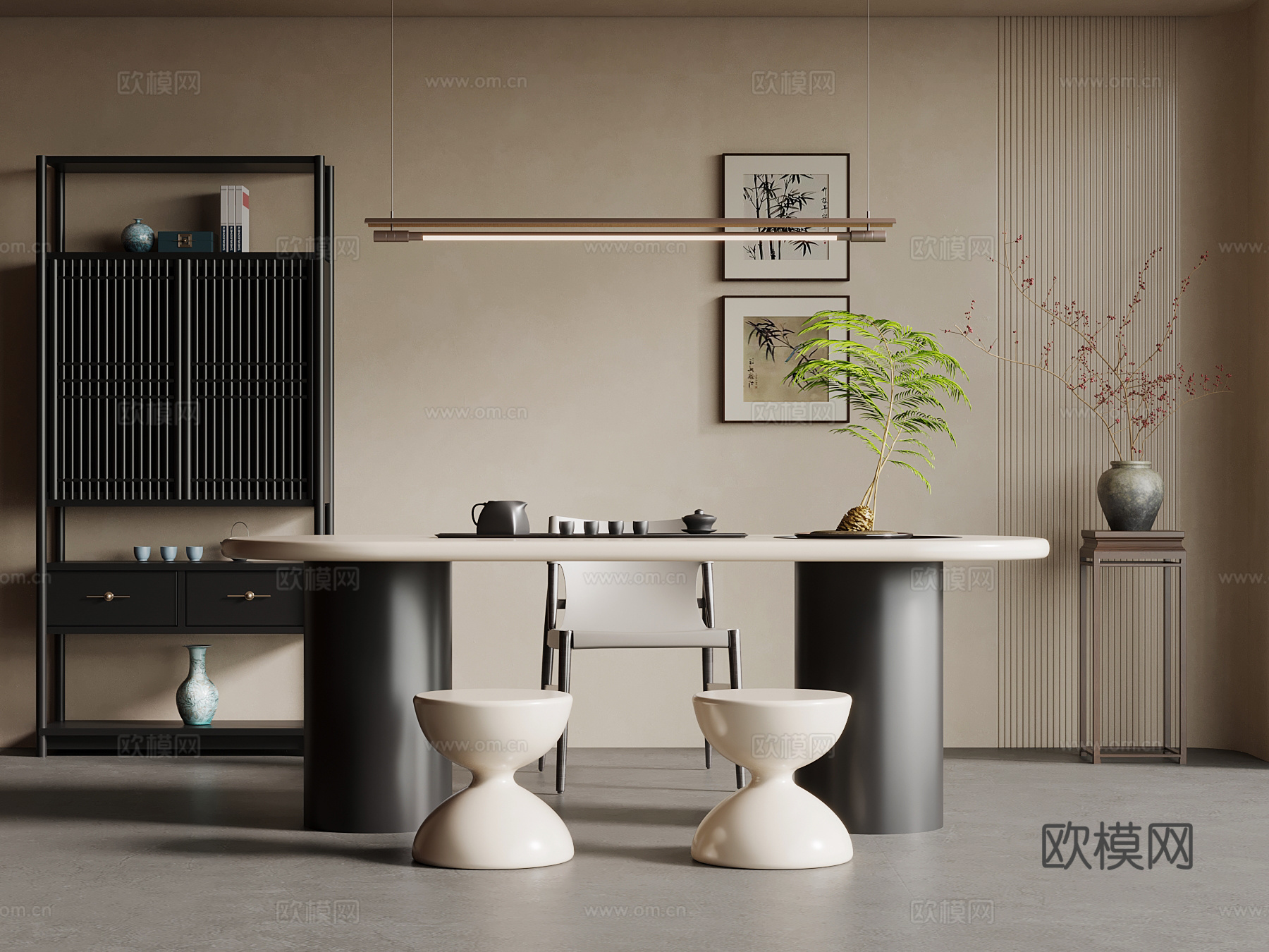 新中式茶桌椅 博古架su模型