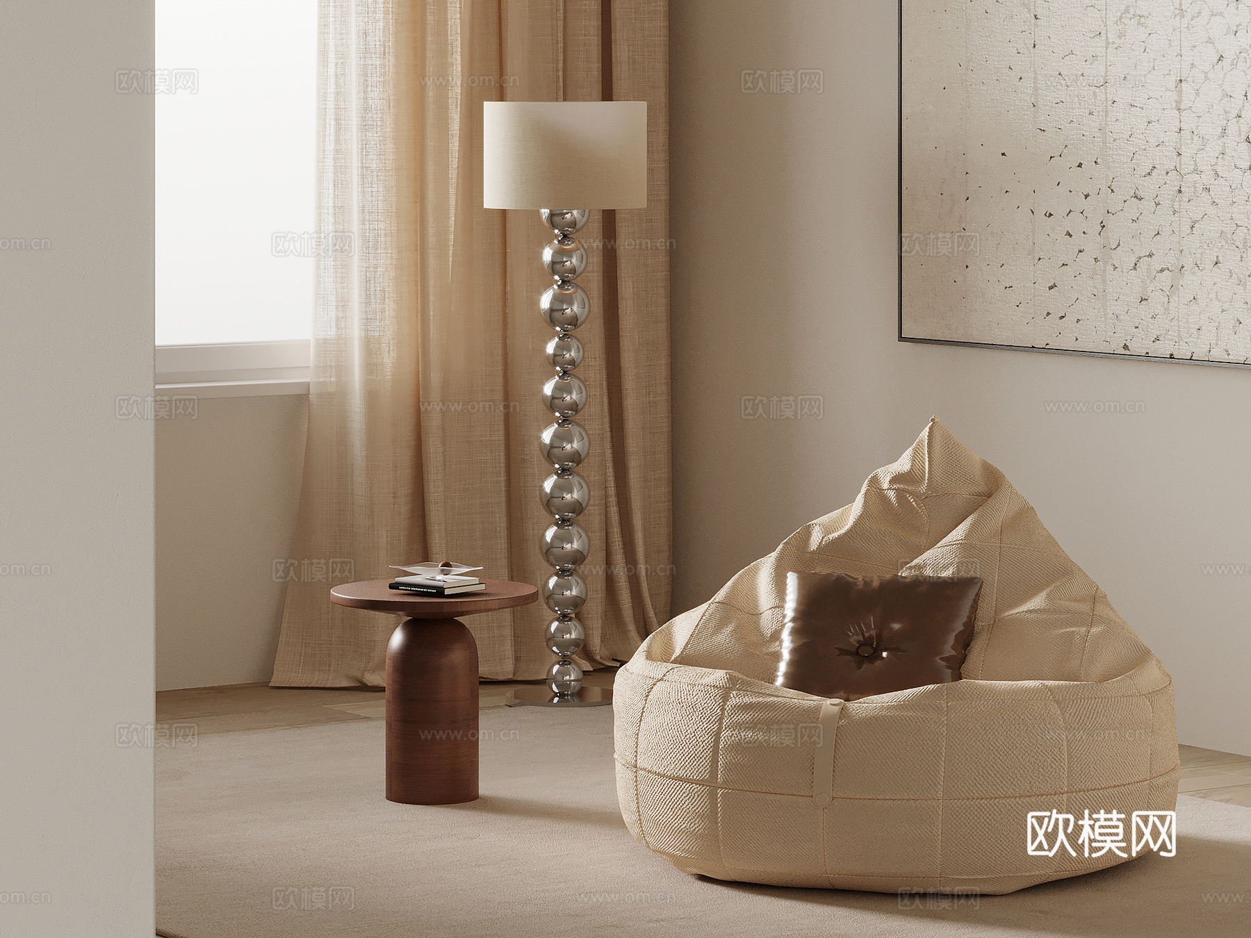 中古风休闲沙发 懒人沙发 边几 落地灯su模型