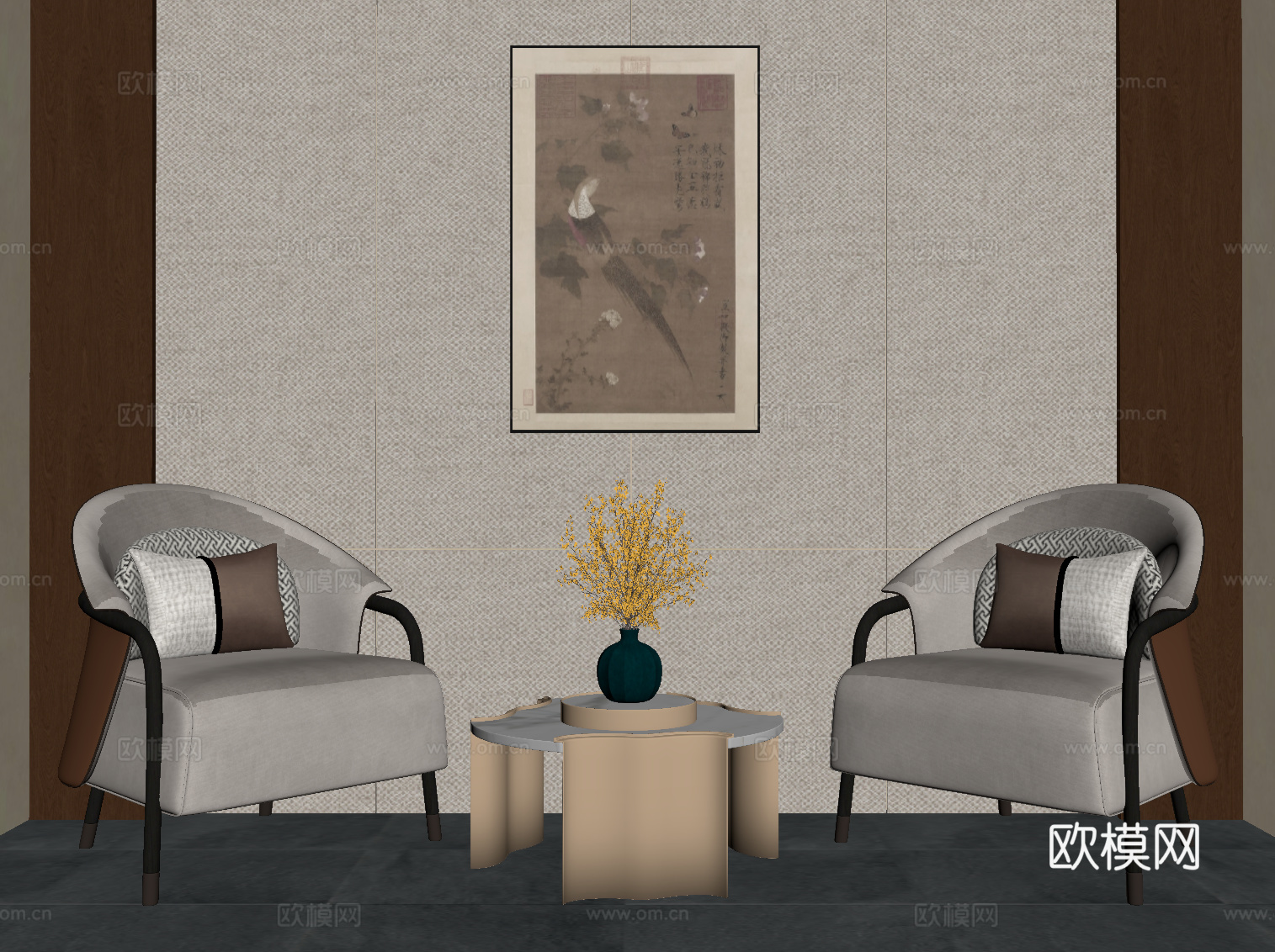 新中式休闲桌椅 茶几su模型