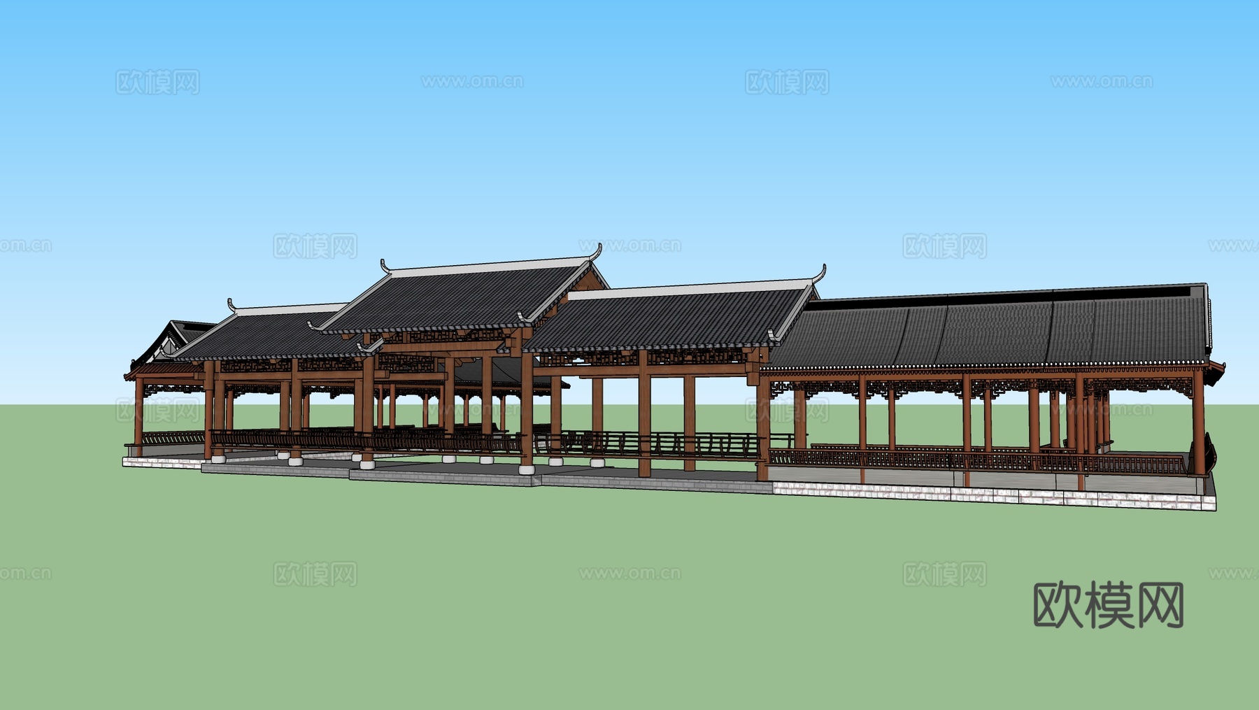 中式廊架 水榭 戏台 长廊su模型