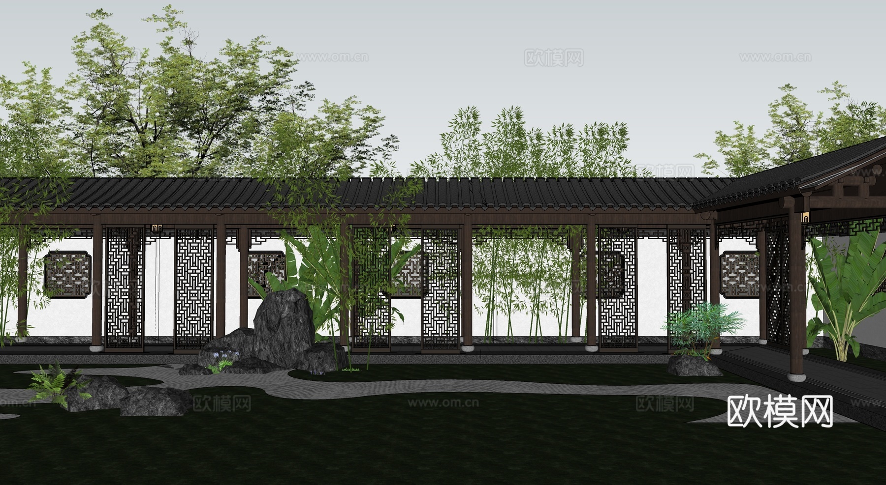 新中式景观廊架 仿古长廊 连廊su模型