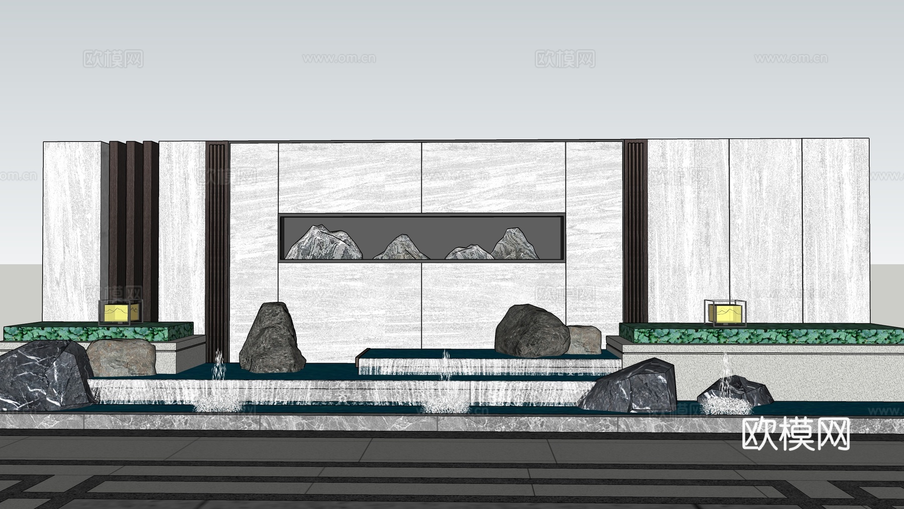 新中式庭院景墙 叠水 庭院景墙su模型